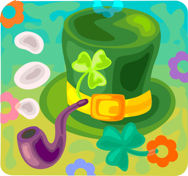Vector Illustration of St Patrick's Day Irish Leprechaun Hat and Smoking Pipe with Four-Leaf Clover Lucky Shamrock