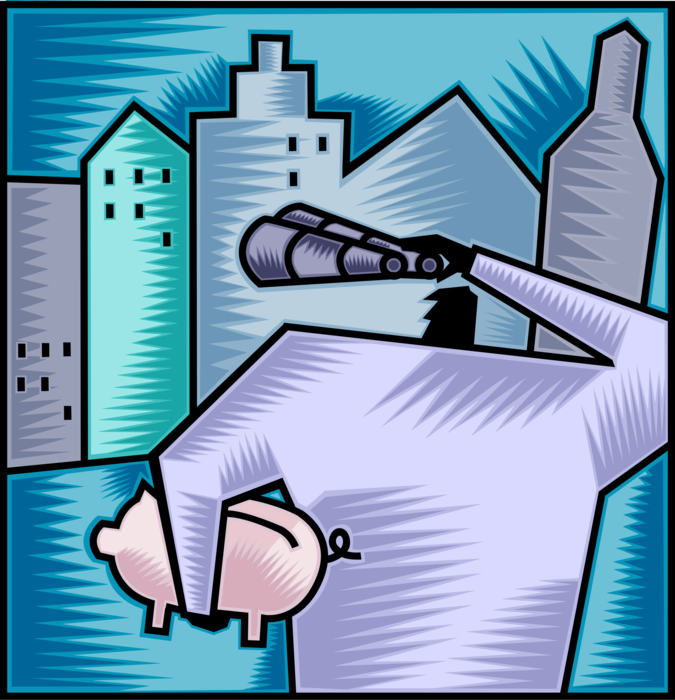 Vector Illustration of Businessman Surveys Investment and Stock Market Landscape with Binoculars and Savings Piggy Bank