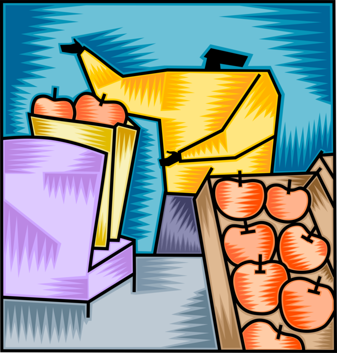 Vector Illustration of Supermarket Grocery Shopper Weighs Apple Fruits Shopping for Produce at Market