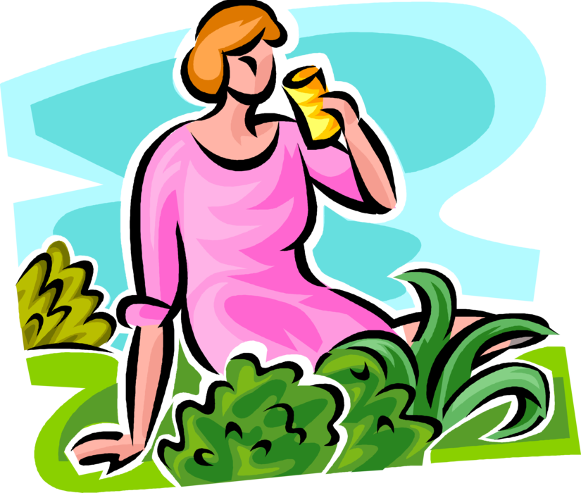 Vector Illustration of Sitting on the Grass Outdoors Having Drink Beverage from Glass