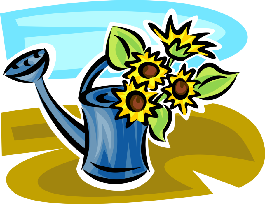 Vector Illustration of Sunflower Flowers in Garden Watering Can