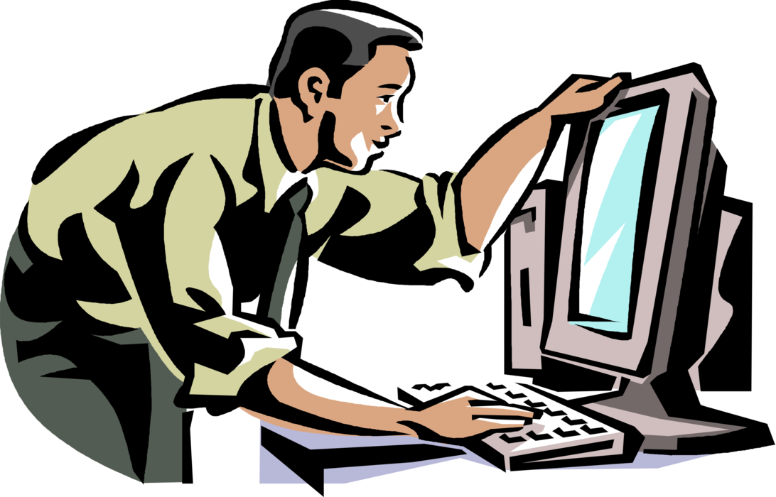 Vector Illustration of Businessman Working at Office Computer