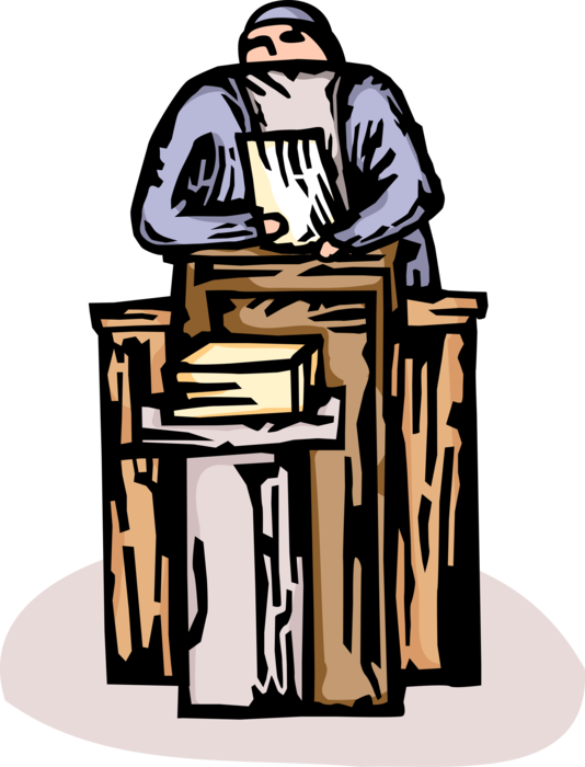 Vector Illustration of Priest Reads Gospel Sermon from Church Pulpit