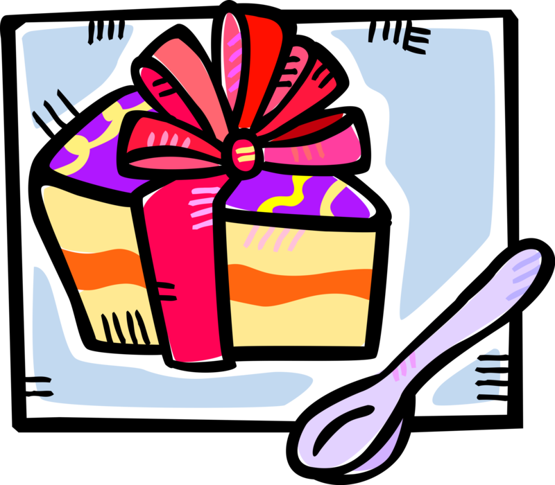Vector Illustration of Slice of Sweet Dessert Birthday Cake with Ribbon Bow and Spoon