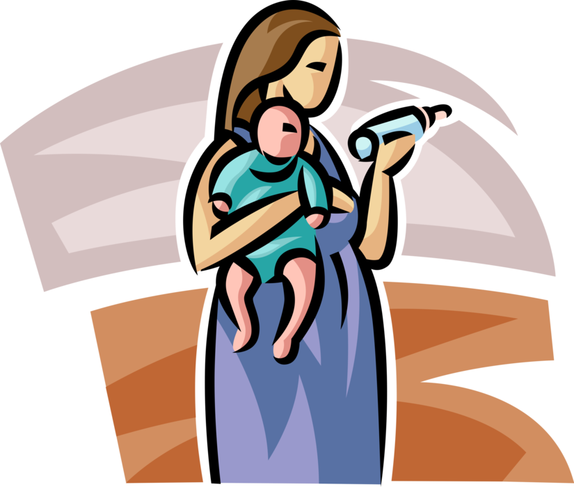 Vector Illustration of New Mother Feeds Newborn Infant Baby with Milk Formula in Bottle