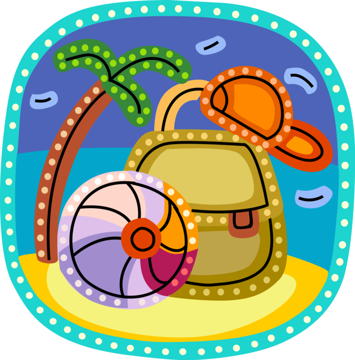 Vector Illustration of Holiday Vacation Day at the Beach with Backpack Knapsack, Beach Ball and Palm Tree