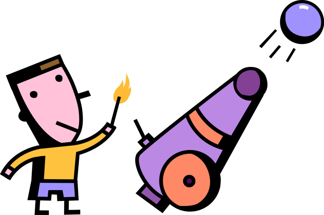 Vector Illustration of Firing Cannon Ball Weapon with Match Flame and Fuse