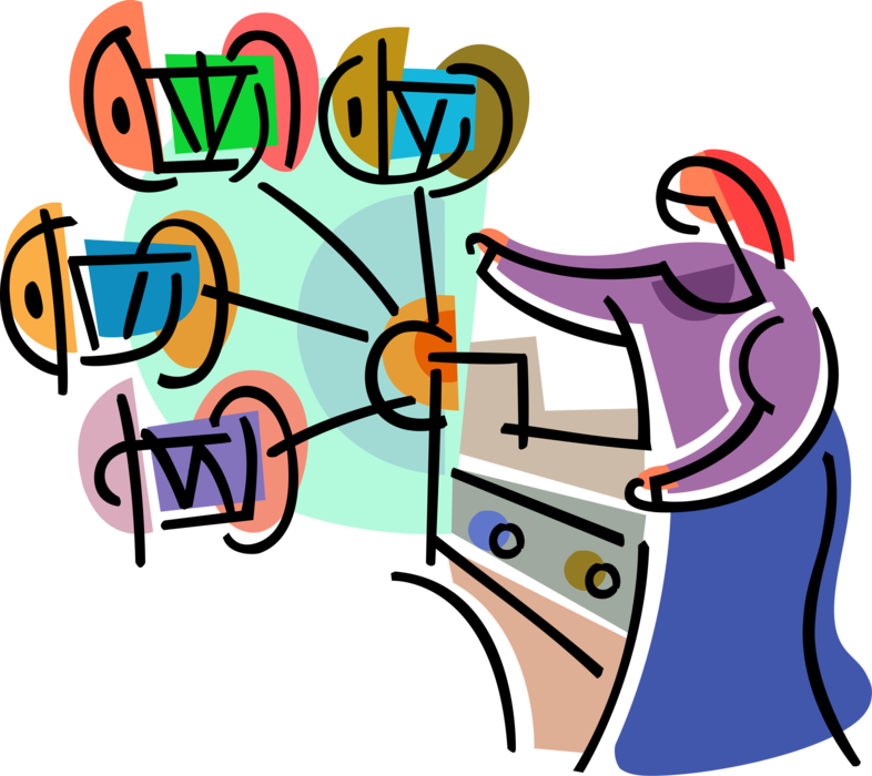 Vector Illustration of Operating Weaving Loom in Textile Factory with Yarn Thread on Spools