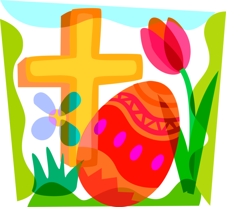 Vector Illustration of Colored Decorated Easter Egg and Christian Crucifix Holy Cross of Resurrection, Tulip Flower Blossom