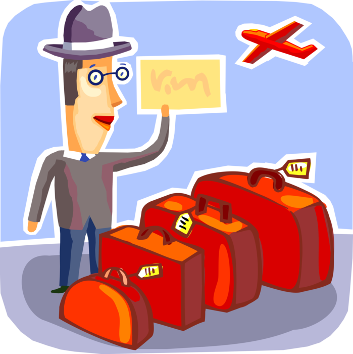 Vector Illustration of Commercial Airline Travel Passenger Stands with Luggage at Airport Awaiting Taxi Transportation