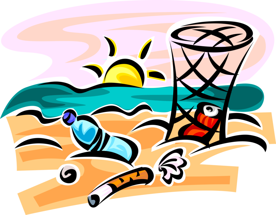 Vector Illustration of Marine Pollution Trash Garbage on Sandy Beach with Ocean and Sun