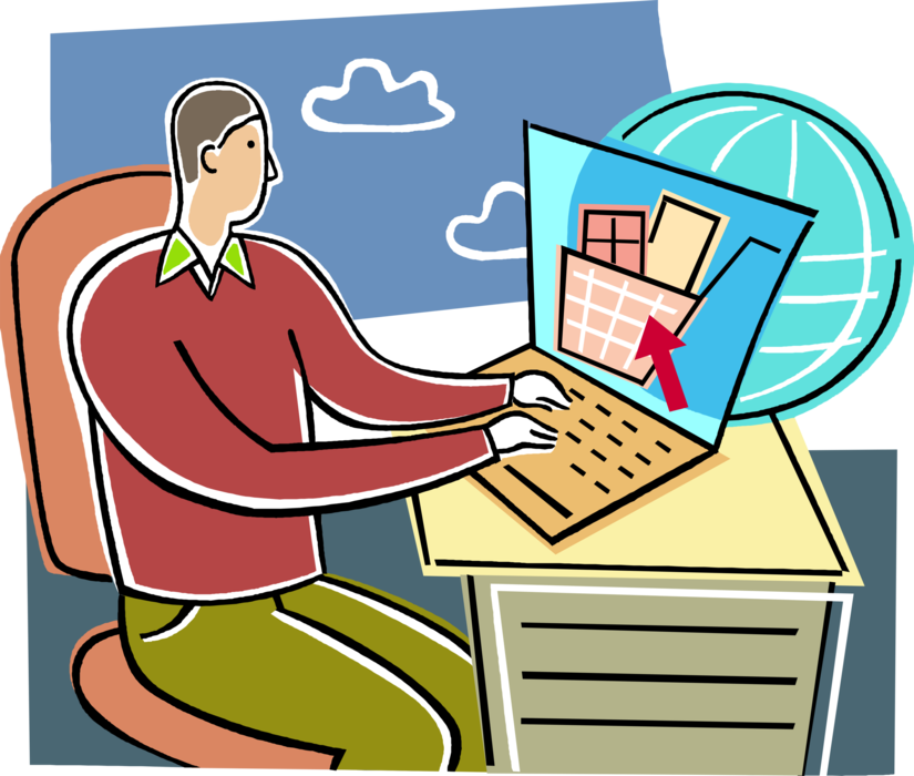 Vector Illustration of Online Shopper with Computer Shopping Cart Purchases Goods and Services via Internet Transactions