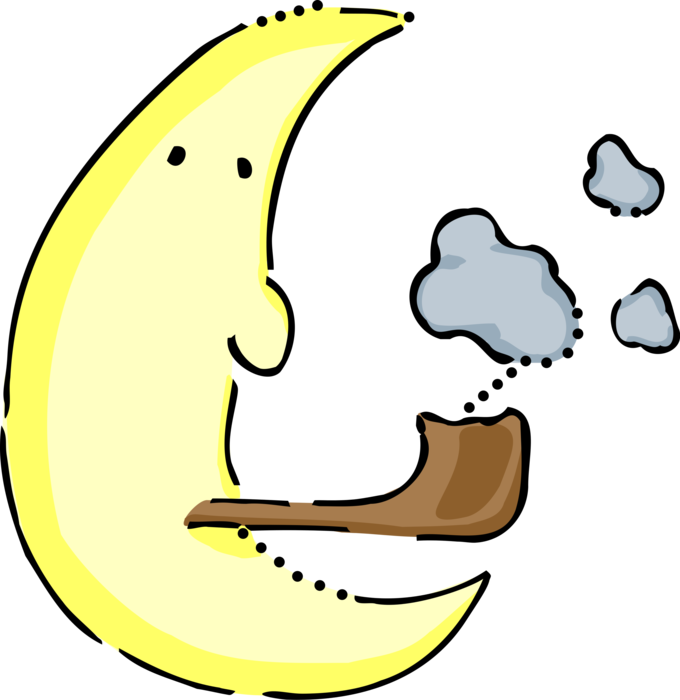 Vector Illustration of Anthropomorphic Crescent Moon Smoking Pipe is Earth's Permanent Natural Satellite 