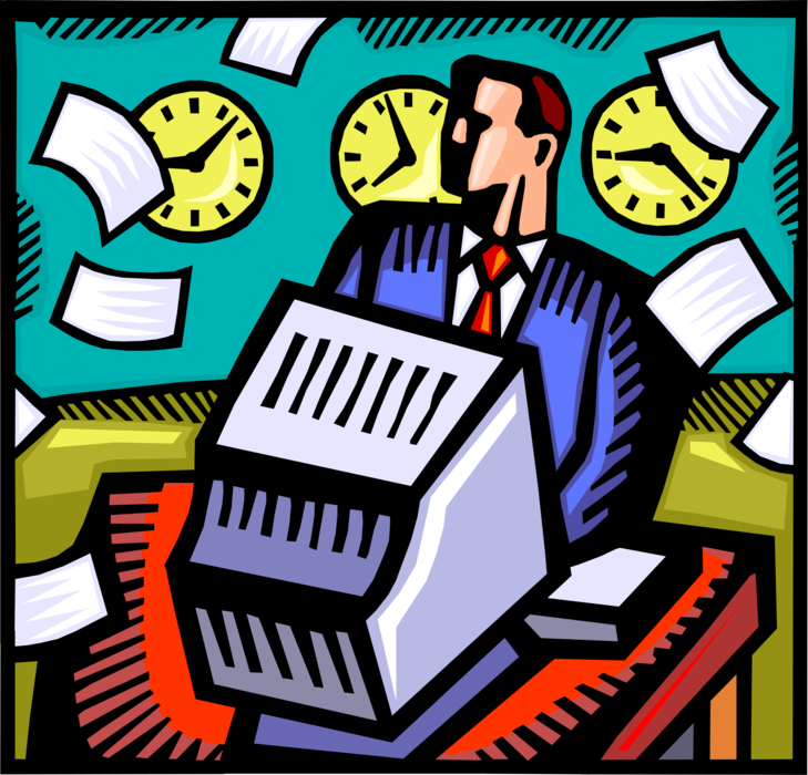 Vector Illustration of Businessman in Fast Paced Hectic Business Environment Works at Computer with Paperwork