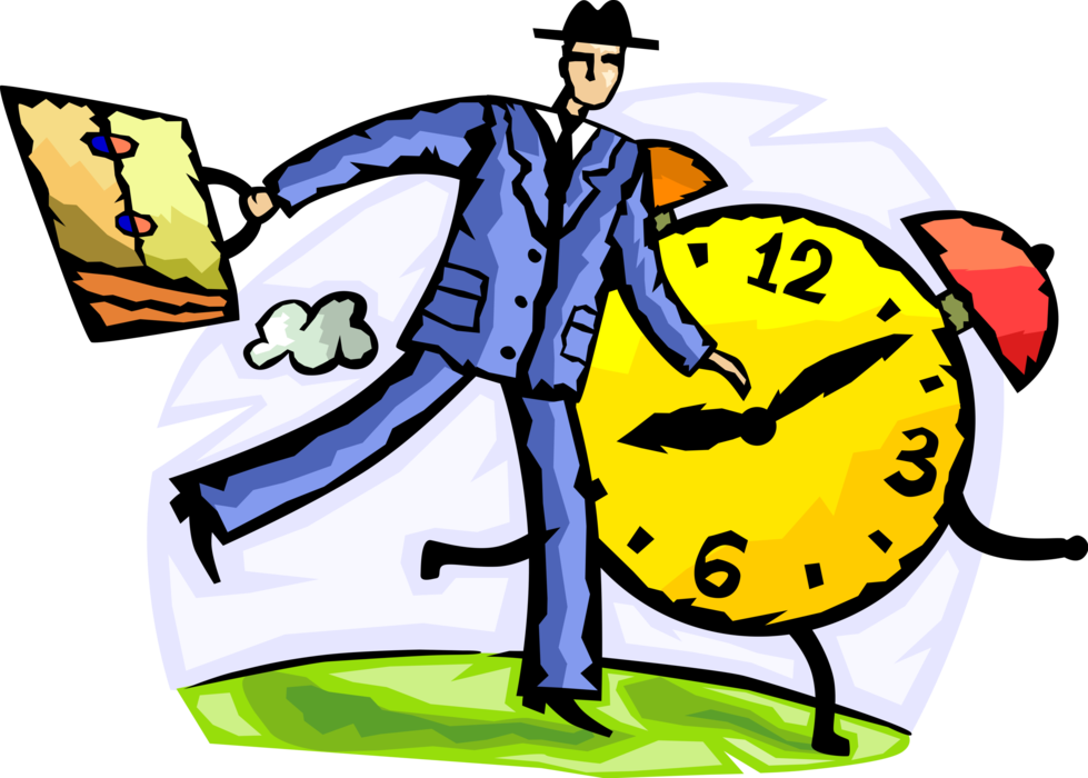 Vector Illustration of Businessman with Briefcase Running Late for Scheduled Meeting Appointment with Alarm Clock