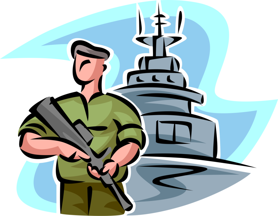 Vector Illustration of Heavily Armed United States Marine Stands Guard with Machine Gun on Navy Warship