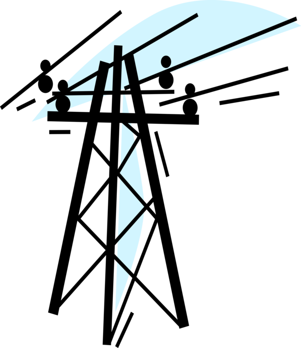 Vector Illustration of Transmission Tower Carries Electrical Power Lines to Distribute Electricity