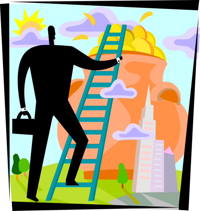 Vector Illustration of Businessman Climbs Ladder to Achieve Financial Success and Wealth with Pot of Gold