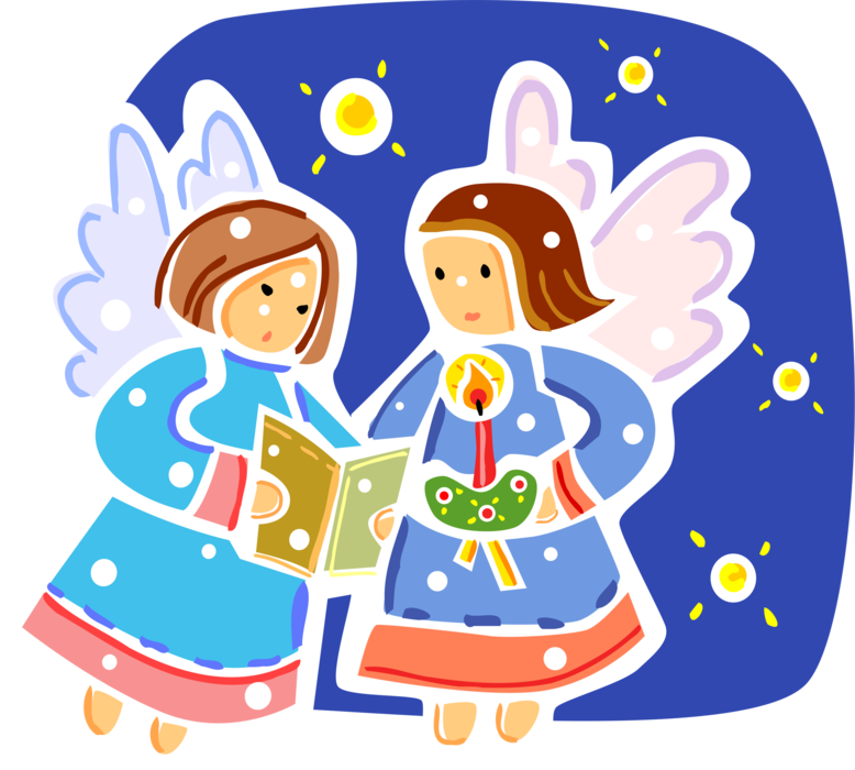 Vector Illustration of Spiritual Angel Carolers with Lit Candle Sing Christmas Carol Songs