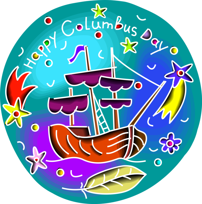 Vector Illustration of Celebrating Columbus Day 1492 Tall Ship Discovery of North American Continent with Fireworks
