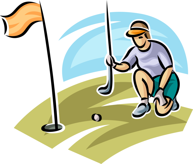 Vector Illustration of Sport of Golf Golfer Lines Up Putt on Golf Green with Flag and Hole