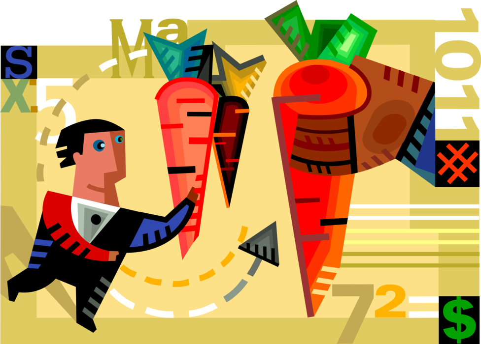 Vector Illustration of Business Management Dangles Financial Incentive Carrot Cash Money Bonus to Workforce Employee