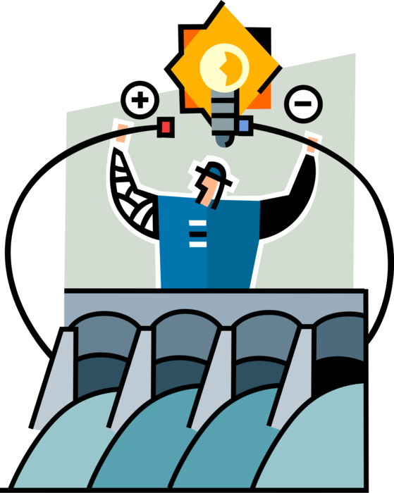 Vector Illustration of Hydroelectric Power Generation with Dam and Spillway Provides Electricity