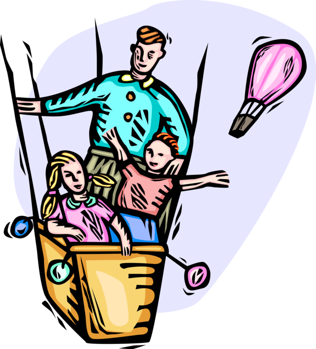 Vector Illustration of Involved Attentive Parent Father with Daughter and Son Ride Aloft in Hot Air Balloon