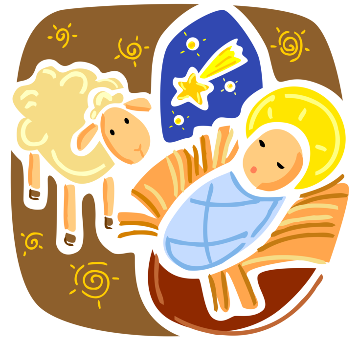Vector Illustration of Christ Child Baby Jesus Born in Manger on Christmas with Sheep Lamb and Star of Bethlehem
