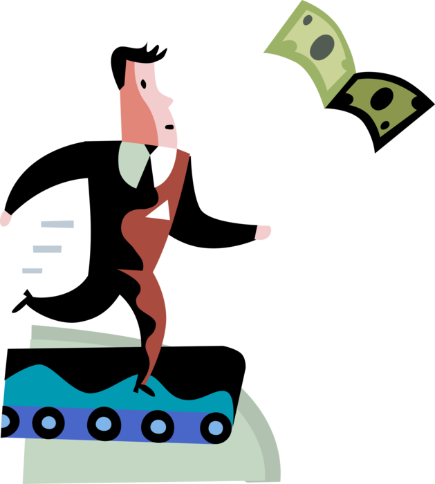 Vector Illustration of Businessman Runs on Treadmill with Cash Money Dollar Profits Always Out of Reach