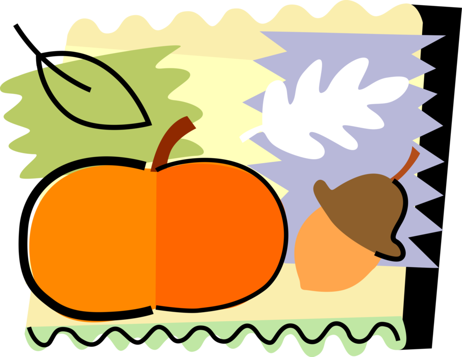 Vector Illustration of Autumn Fall Harvest Pumpkin and Acorn Seed with Leaves