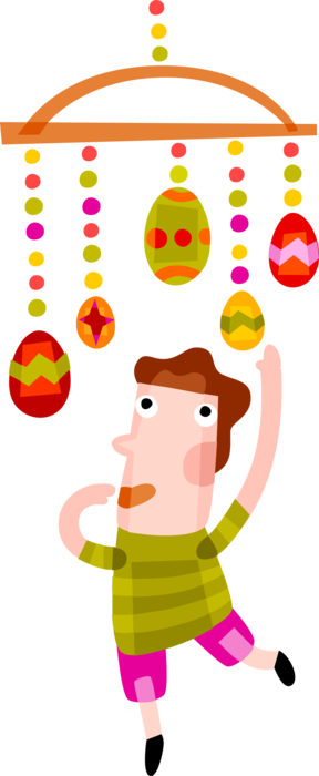 Vector Illustration of Child Plays with Decorated Easter Egg Mobile