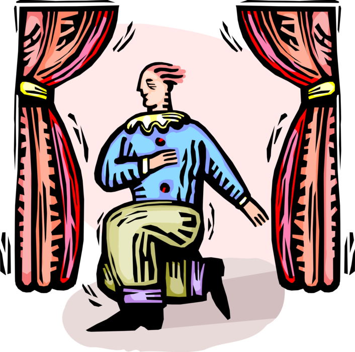Vector Illustration of Thespian Actor Takes Curtain Call Acting on Theatrical Theatre or Theater Stage