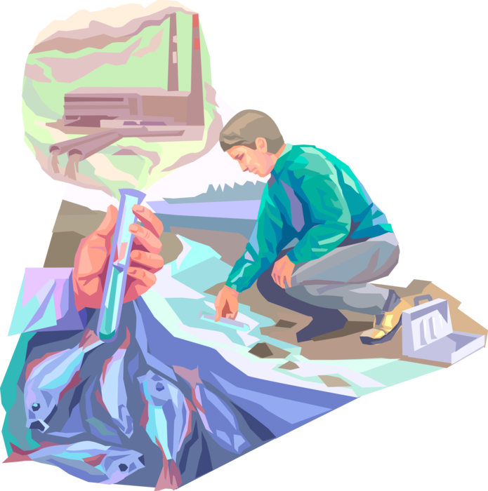 Vector Illustration of Environmentalists Test Environmental Pollution from Industrial Chemical Waste Disposal in Lakes and Rivers