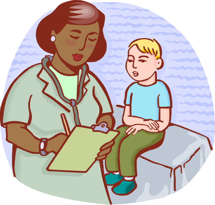 Vector Illustration of Health Care Professional Doctor Physician Updates Young Patient's Medical Chart