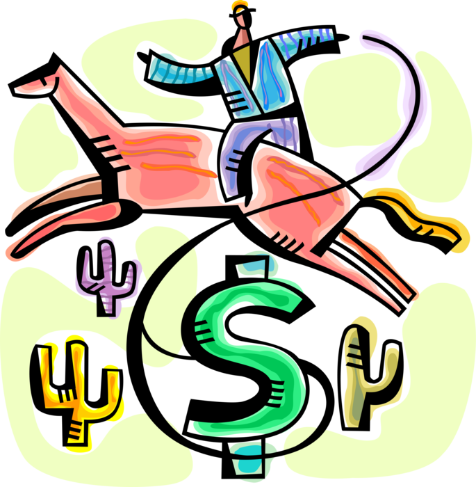 Vector Illustration of Investment Cowboy on Horseback Lassos Dollar Sign with Rope in Desert with Succulent Cactus