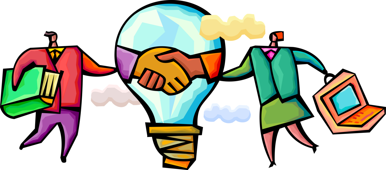 Vector Illustration of Business Partners Shake Hands with Electric Light Bulb Symbol of Invention, Innovation, and Good Ideas