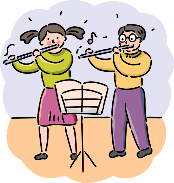 Vector Illustration of Student Musicians in High School Music Class Play Flute Musical Instruments