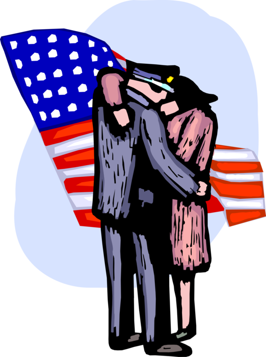 Vector Illustration of Law Enforcement Police Officer Consoles Grieving Woman with American Flag