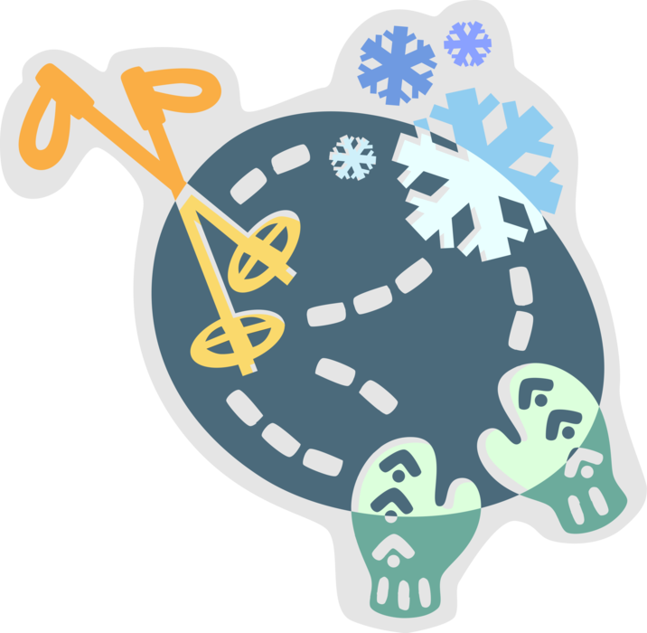 Vector Illustration of Winter Season Outdoor Activities with Ski Pole, Ice Crystal Snowflakes and Mitten Mitts