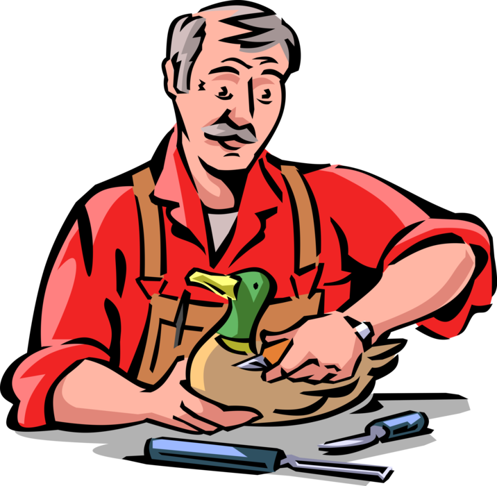 Vector Illustration of Retired Elderly Senior Citizen Hobbyist Carver Carving Wooden Mallard Duck