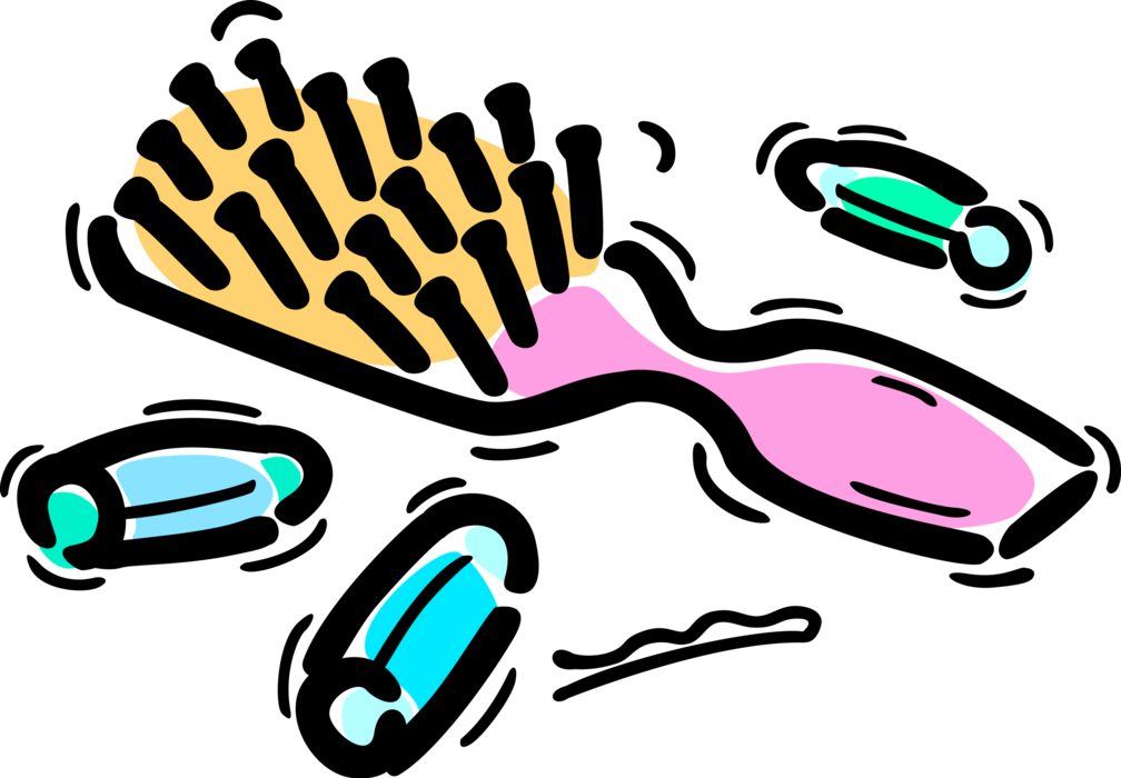 Vector Illustration of Personal Grooming Hairbrush for Smoothing, Styling Human Hair and Curlers with Bobby Pin