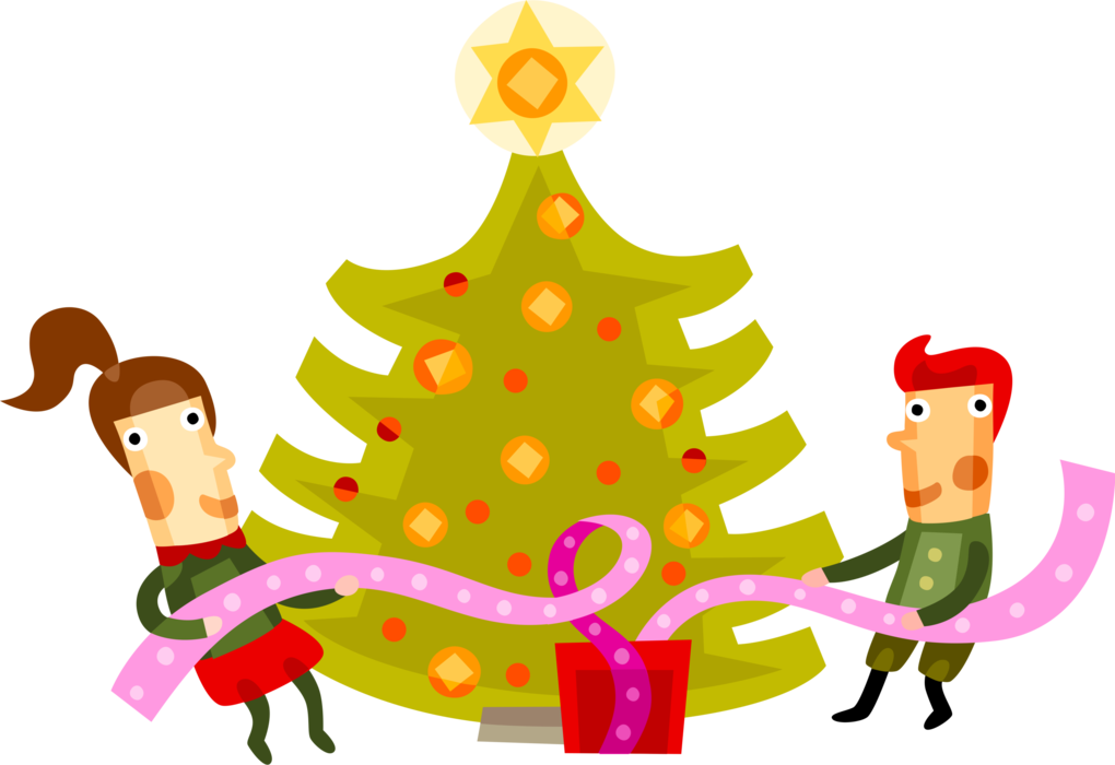 Vector Illustration of Family Decorate Evergreen Christmas Tree with Ribbons and Ornaments