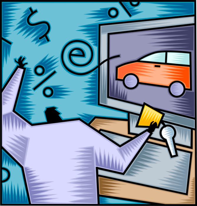 Vector Illustration of Online Internet New Automobile Motor Vehicle Shopping and Purchase Transactions via Computer