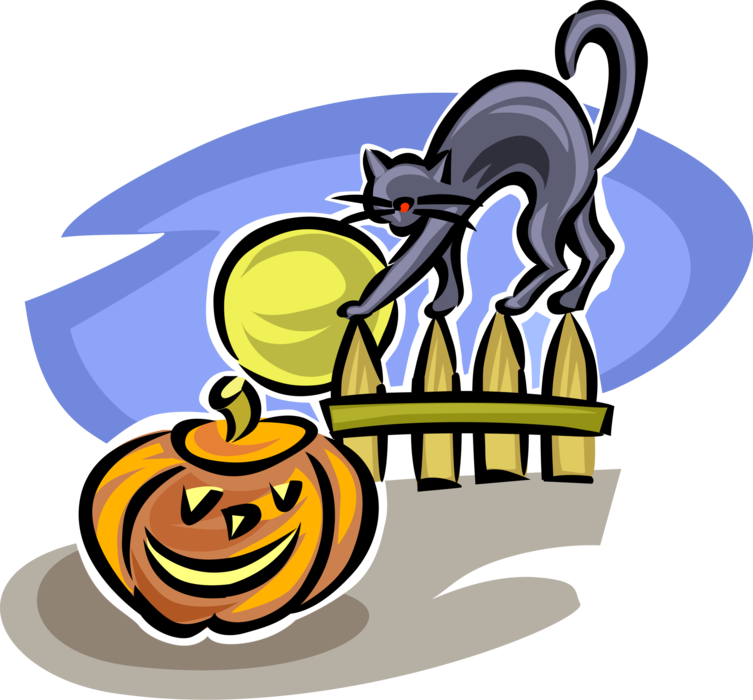 Vector Illustration of Jack-o'-lantern and Halloween Witchcraft, Ill Omens, and Death Black Cat on Fence with Full Moon