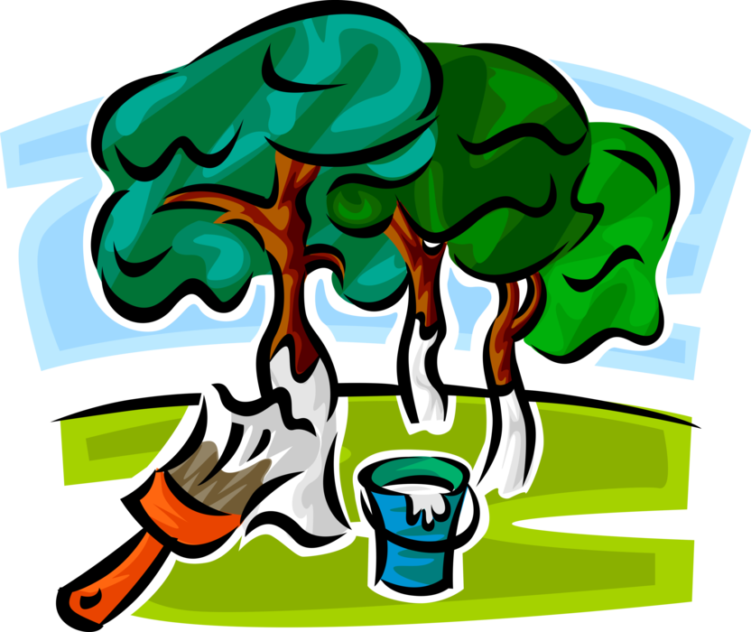 Vector Illustration of Painting Fruit Orchard Tree Trunks to Avoid Insect Damage