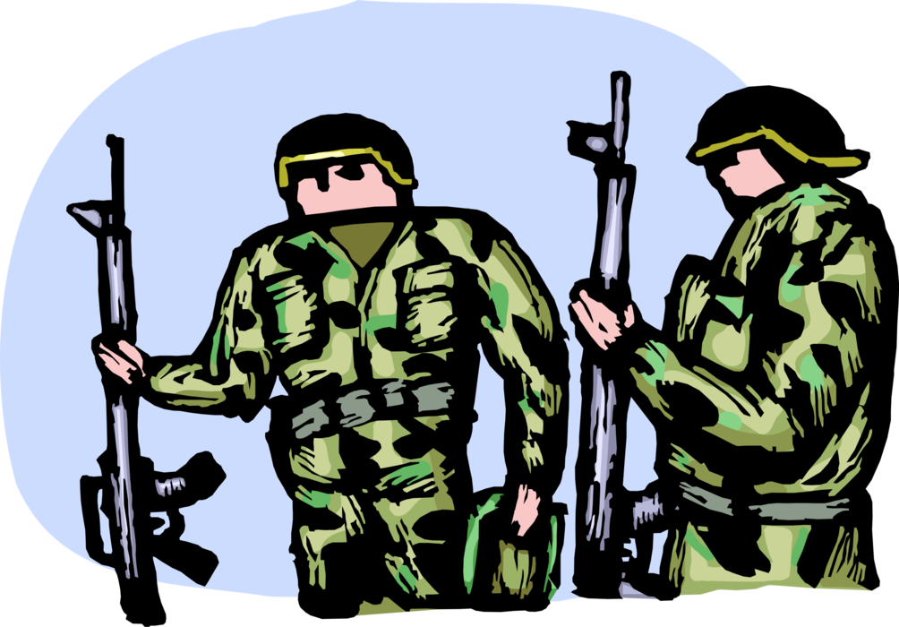 Vector Illustration of Heavily Armed United States Military Soldiers with Automatic Rifle Gun Weapons in Combat Zone 