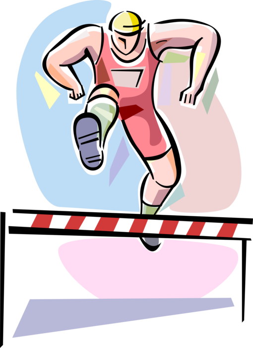 Vector Illustration of Track and Field Athletic Sport Contest Hurdler Running Hurdles in Competitive Track Meet