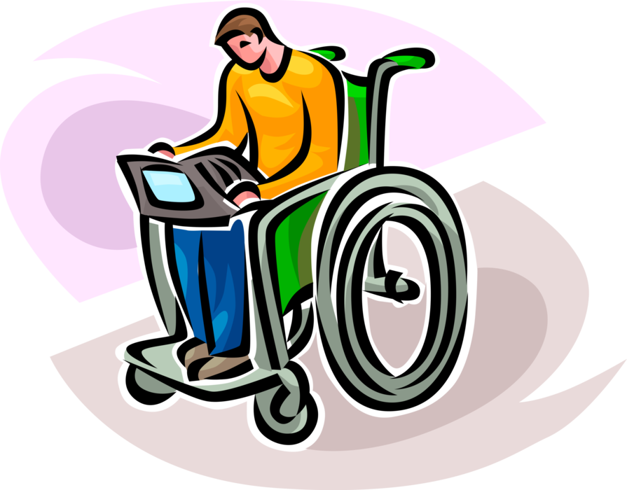 Vector Illustration of Handicapped or Disabled Adolescent Youth in Wheelchair Works on Laptop Computer