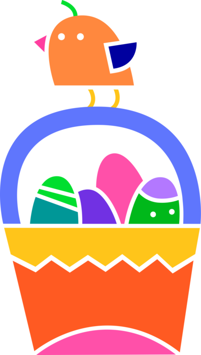 Vector Illustration of Easter Basket with Pascha Eggs and Chick Bird Celebrate Resurrection of Jesus Christ